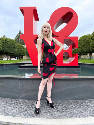 1994 Moschino Couture Documented 'Heartbreaker' Novelty Print Silk Convertible Dress