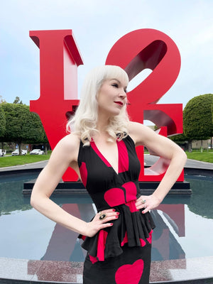 1994 Moschino Couture Documented 'Heartbreaker' Novelty Print Silk Convertible Dress