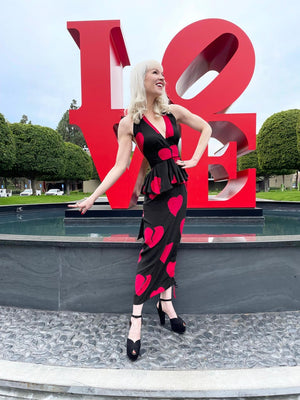 1994 Moschino Couture Documented 'Heartbreaker' Novelty Print Silk Convertible Dress