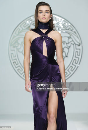 2013 Versace Runway Royal Purple Stretch Jersey Cut-Out High Slit Hourglass Gown