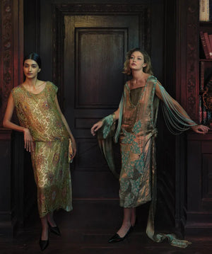 1920's French Couture Colorful Beaded Metallic Lamè Lace & Pink Silk Dress