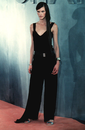 1999 Chanel by Karl Lagerfeld Runway Black Crepe Low-Plunge Draped Sash Jumpsuit