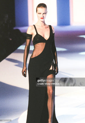1998 Thierry Mugler Documented Runway Sheer Black Silk Asymmetric High-Slit Gown