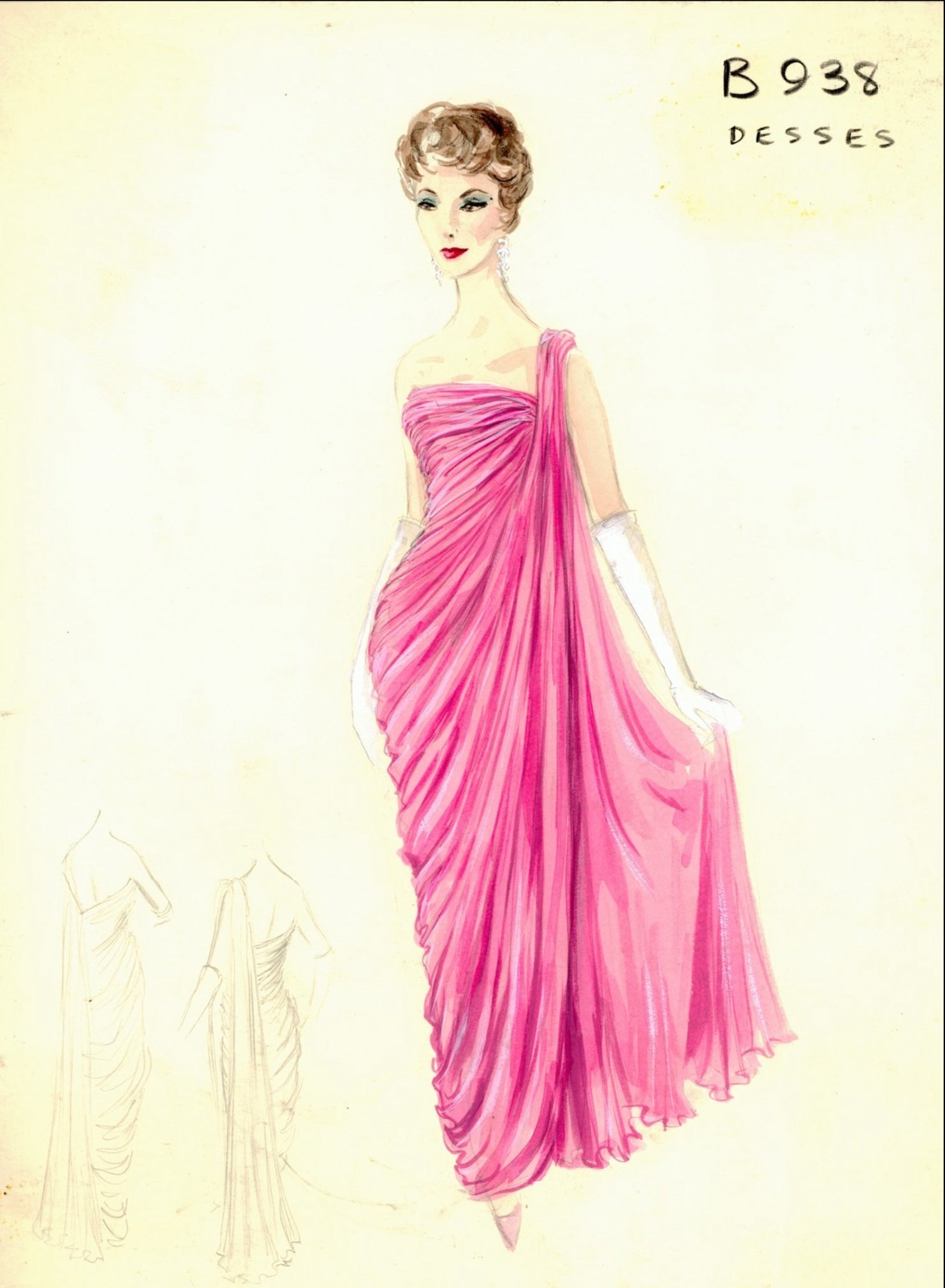 1958 Jean Dessès Haute Couture Attributed Pink Ruched Chiffon Goddess Gown