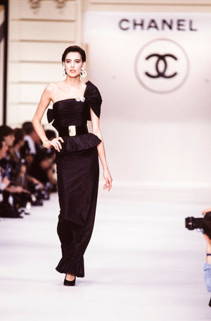 1986 Chanel Documented Runway Black Pleated Silk One-Shoulder Hourglass Gown