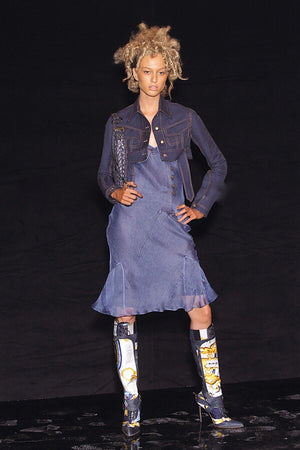 2000 Christian Dior by John Galliano Trompe L'oeil Denim Print Silk Bias-Cut Dress