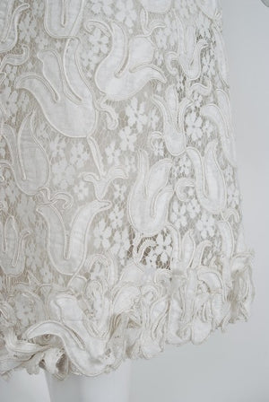1971 Chanel Haute Couture White Tulip Novelty Lace & Satin Party Dress Ensemble