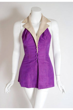 1940's Gloria DeHaven Worn Purple-Silk Halter Hourglass Playsuit Ensemble