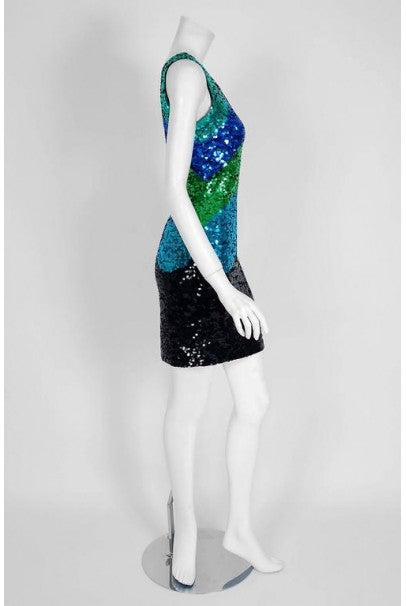 1990's Bergdorf Goodman Blue Green Ombre Sequin Bodycon Hourglass Dress