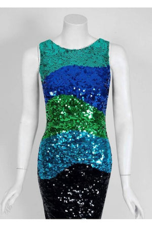 1990's Bergdorf Goodman Blue Green Ombre Sequin Bodycon Hourglass Dress