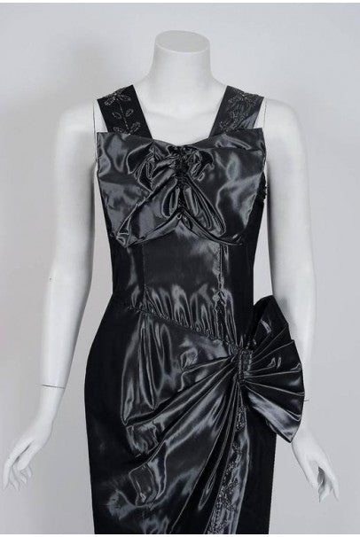 1950's Iridescent Gunmetal Silk-Taffeta Beaded Rhinestone Peplum Cocktail Dress