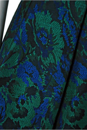 1950's Michael Novarese Blue & Green Floral Garden Print Silk Party Dress