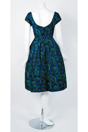 1950's Michael Novarese Blue & Green Floral Garden Print Silk Party Dress