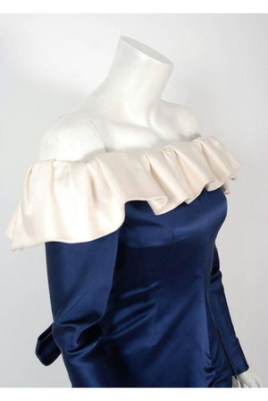 1979 Givenchy Haute-Couture Navy & Ivory Satin Off-Shoulder Ruffle Evening Gown