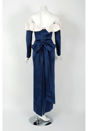 1979 Givenchy Haute-Couture Navy & Ivory Satin Off-Shoulder Ruffle Evening Gown