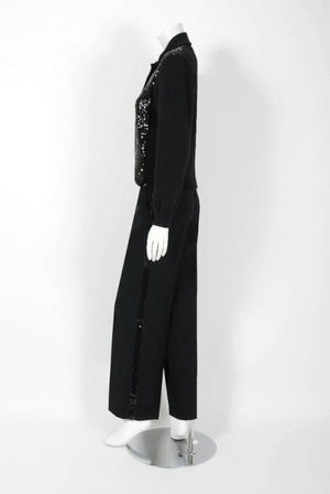 1974 Yves Saint Laurent Sequin Black Wool Sweater Le Smoking Tuxedo Pants Suit