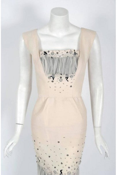 1955 Sorelle Fontana Couture Beaded Ivory Silk Tulle Shelf-Bust Cocktail Dress