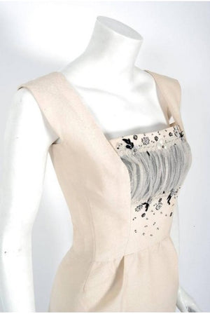 1955 Sorelle Fontana Couture Beaded Ivory Silk Tulle Shelf-Bust Cocktail Dress