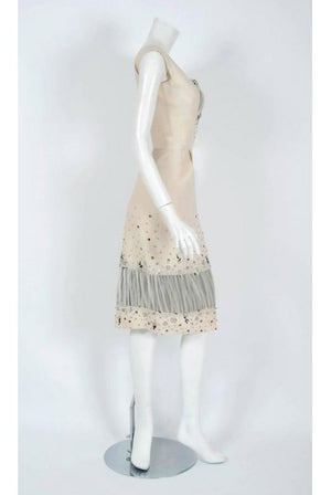1955 Sorelle Fontana Couture Beaded Ivory Silk Tulle Shelf-Bust Cocktail Dress