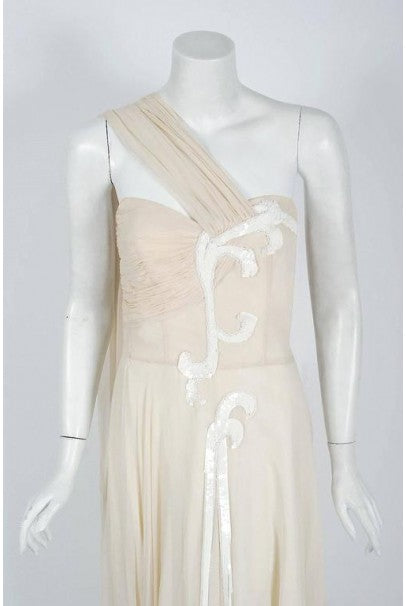 1940's Saks Fifth Avenue Ivory-Creme Beaded Chiffon One-Shoulder Goddess Gown