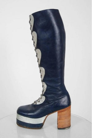 1970's Blue & Silver Leather Novelty Hearts Knee-High Platform Glam-Rock Boots
