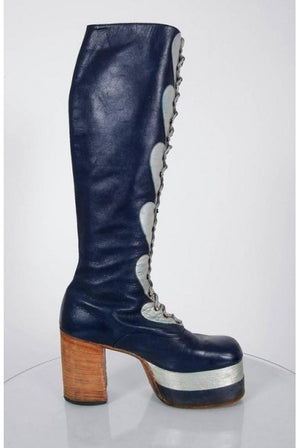 1970's Blue & Silver Leather Novelty Hearts Knee-High Platform Glam-Rock Boots