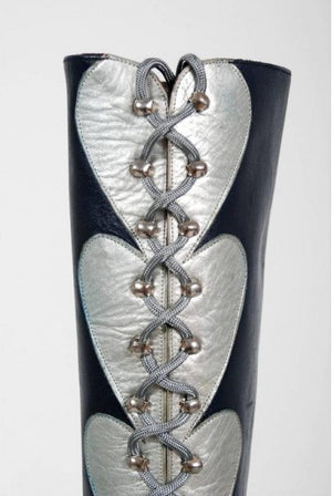 1970's Blue & Silver Leather Novelty Hearts Knee-High Platform Glam-Rock Boots