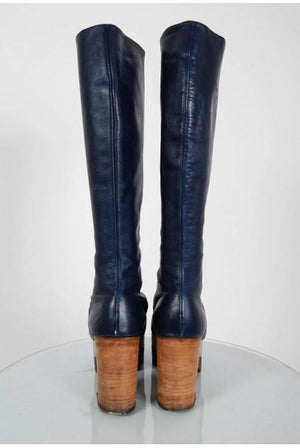 1970's Blue & Silver Leather Novelty Hearts Knee-High Platform Glam-Rock Boots