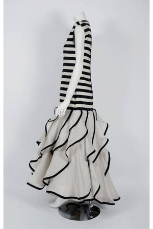 1987 Pierre Balmain Haute-Couture Black Ivory Striped Satin & Organza Gown