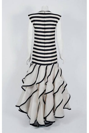 1987 Pierre Balmain Haute-Couture Black Ivory Striped Satin & Organza Gown