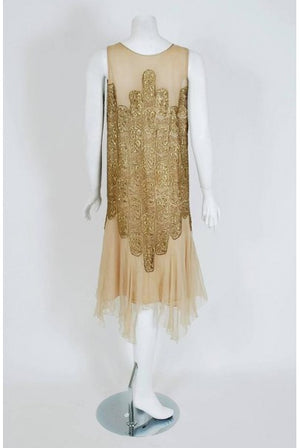 1925 Elspeth Champcommunal Haute-Couture Metallic Gold Lame Silk Flapper Dress