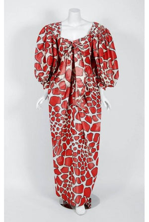 1971 Givenchy Haute-Couture Red White Abstract Silk Strapless Gown & Bolero