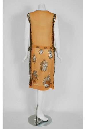 1920's Goupy Haute-Couture Tangerine Silk & Metallic-Gold Lace Flapper Dress