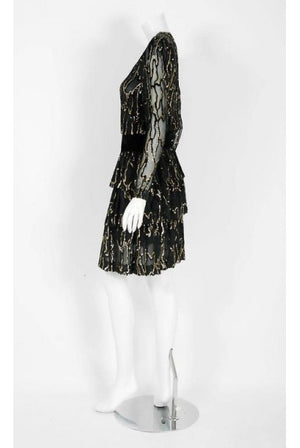 1979 Givenchy Haute-Couture Metallic Gold & Black Burnout Velvet Tiered Dress