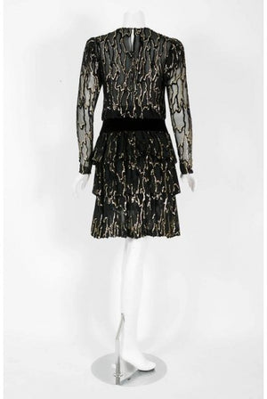 1979 Givenchy Haute-Couture Metallic Gold & Black Burnout Velvet Tiered Dress