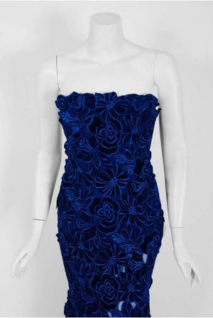 2015 Givenchy Haute-Couture Cobalt Blue Velvet Applique Strapless Fishtail Gown
