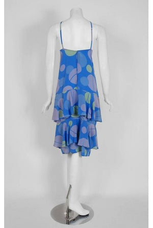 1975 Karl Lagerfeld for Chloe Periwinkle Print Silk Asymmetric Dress