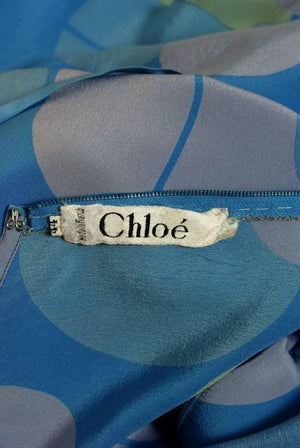 1975 Karl Lagerfeld for Chloe Periwinkle Print Silk Asymmetric Dress
