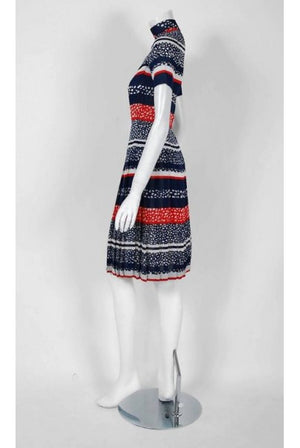 1968 Christian Dior Demi-Couture London Stripe Silk Pleated Drop-Waist Dress