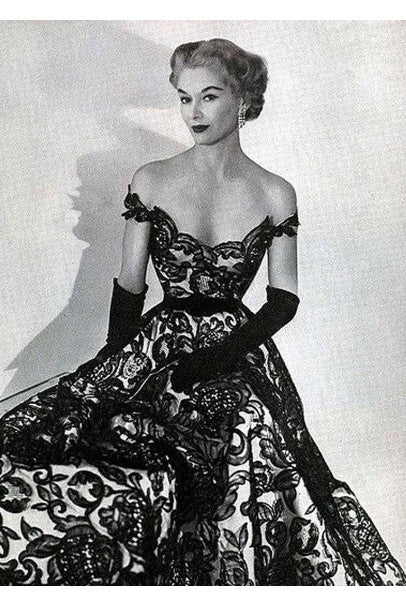 1951 Hattie Carnegie Black & White Lace Illusion Asymmetric Strapless Gown