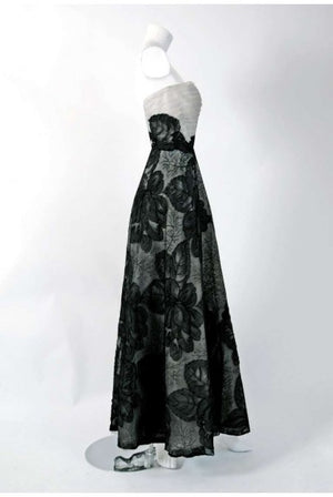 1951 Hattie Carnegie Black & White Lace Illusion Asymmetric Strapless Gown
