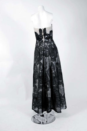 1951 Hattie Carnegie Black & White Lace Illusion Asymmetric Strapless Gown