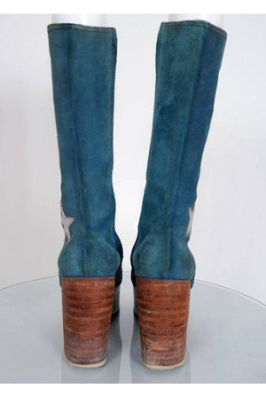 1970's Turquoise-Blue Suede & Silver Leather Novelty Glam-Rock Platform Boots
