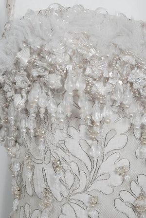 1965 Pierre Balmain Haute-Couture Ivory Beaded Metallic Lace Strapless Gown