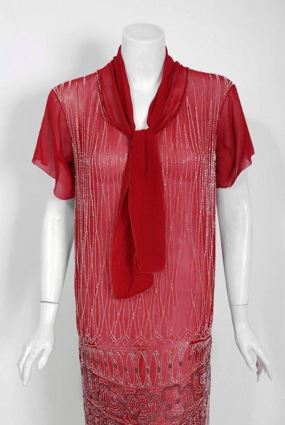 1920's Burgundy Red Beaded Deco Floral Silk Scarf-Tie Couture Flapper Dress