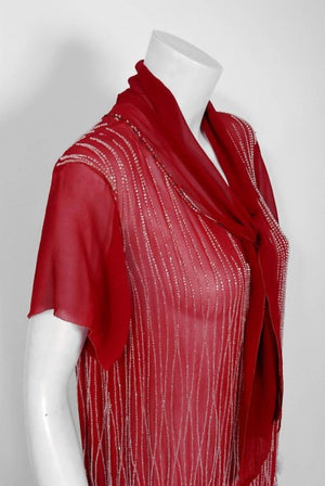 1920's Burgundy Red Beaded Deco Floral Silk Scarf-Tie Couture Flapper Dress