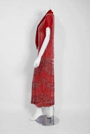 1920's Burgundy Red Beaded Deco Floral Silk Scarf-Tie Couture Flapper Dress