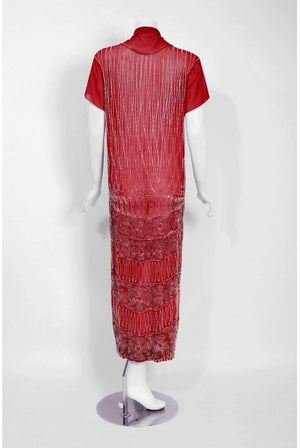 1920's Burgundy Red Beaded Deco Floral Silk Scarf-Tie Couture Flapper Dress