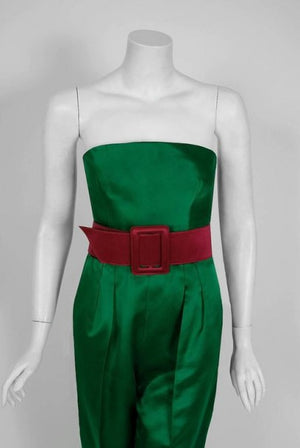 1991 Givenchy Haute-Couture Green Pink Satin Strapless Belted Jumpsuit & Jacket