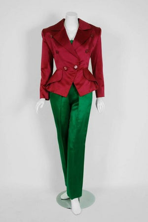 1991 Givenchy Haute-Couture Green Pink Satin Strapless Belted Jumpsuit & Jacket